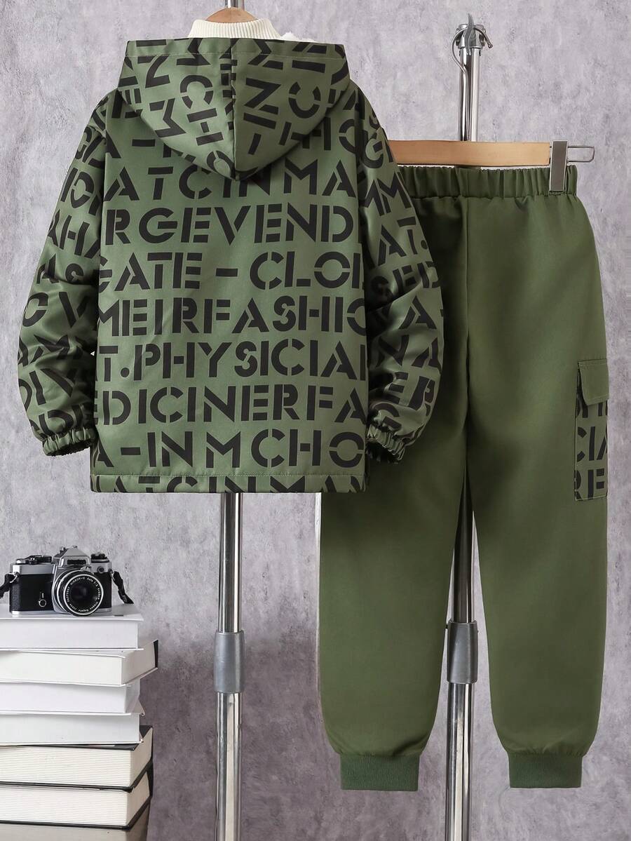 2 pièces/Ensemble adolecent Boy Décontracté Mode Imprimé Lettre Veste Matelassée & Pantalon Cargo, Automne/Hiver