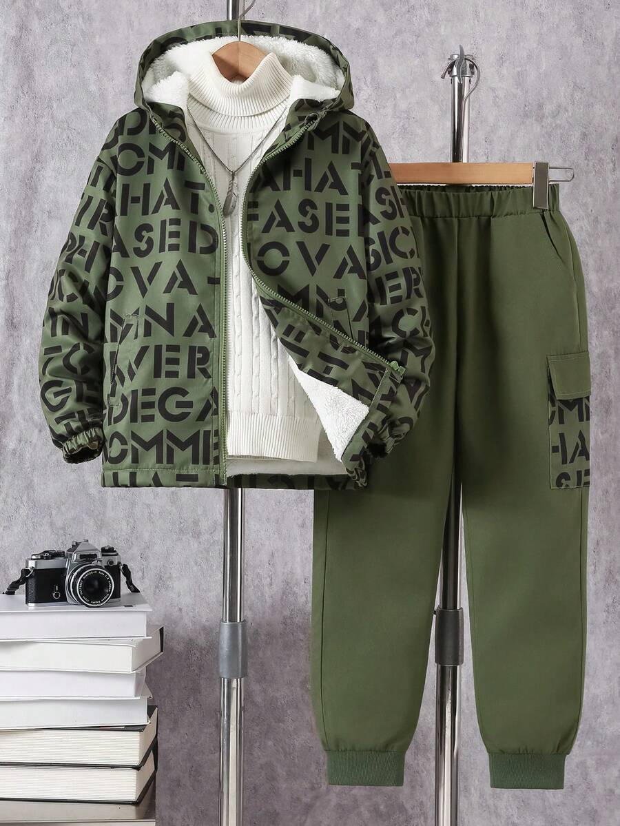 2 pièces/Ensemble adolecent Boy Décontracté Mode Imprimé Lettre Veste Matelassée & Pantalon Cargo, Automne/Hiver