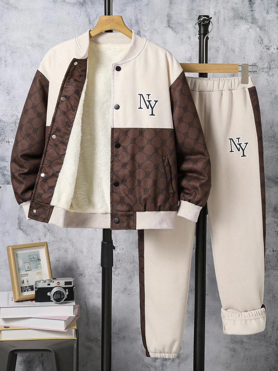2 pièces/Set Veste à imprimé et pantalon long casual pour garçon préadolescent
