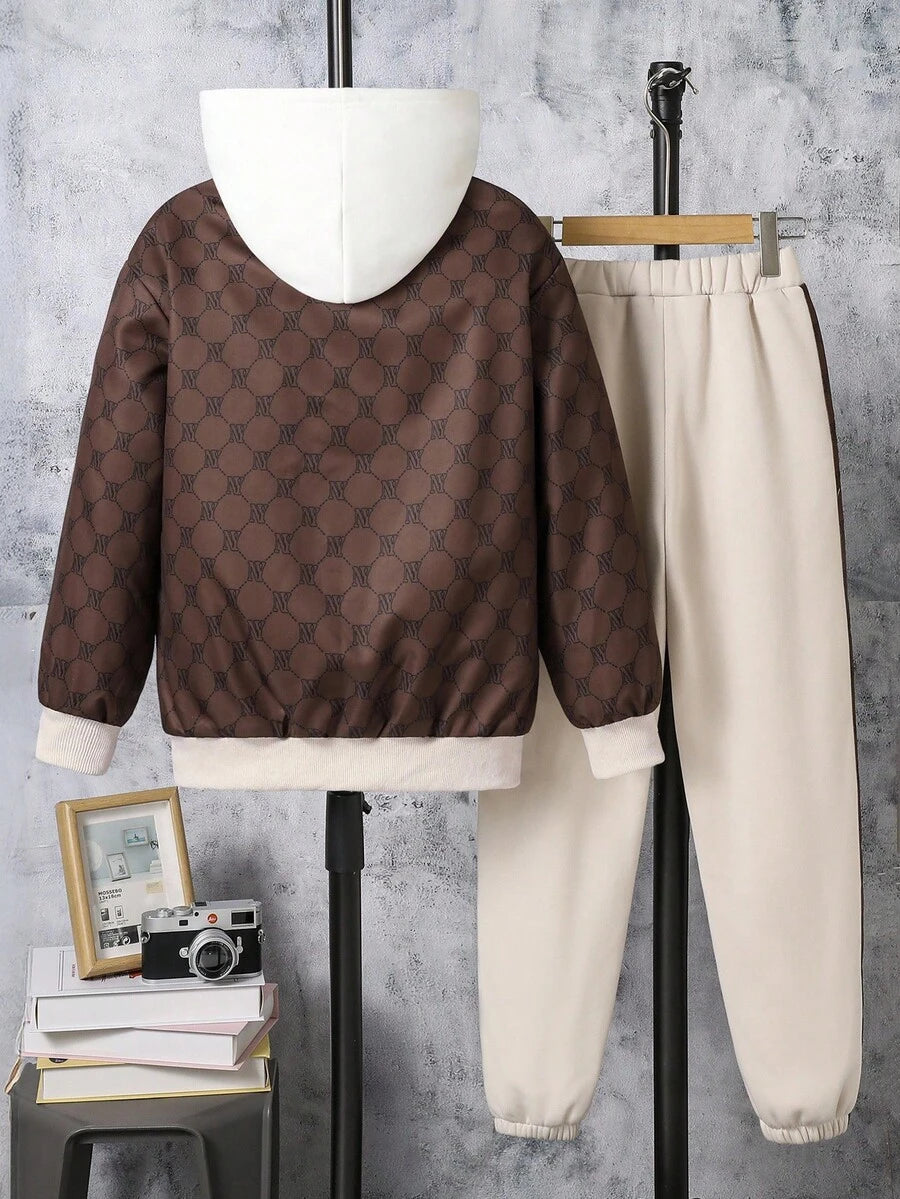 2 pièces/Set Veste à imprimé et pantalon long casual pour garçon préadolescent