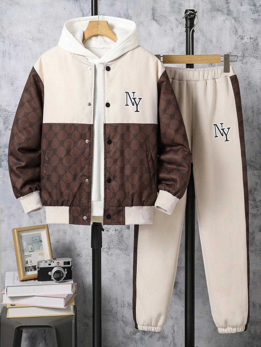 2 pièces/Set Veste à imprimé et pantalon long casual pour garçon préadolescent