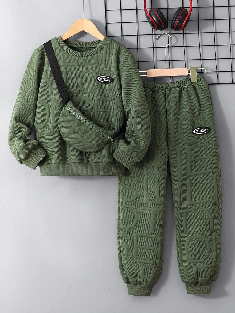 3 pièces/Set Sweat-shirt-shirt texturé avec lettrage, pantalon de survêtement et sac à dos pour pré-adolescents (peuvent être vendus séparément)