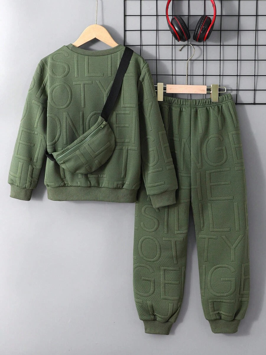 3 pièces/Set Sweat-shirt-shirt texturé avec lettrage, pantalon de survêtement et sac à dos pour pré-adolescents (peuvent être vendus séparément)