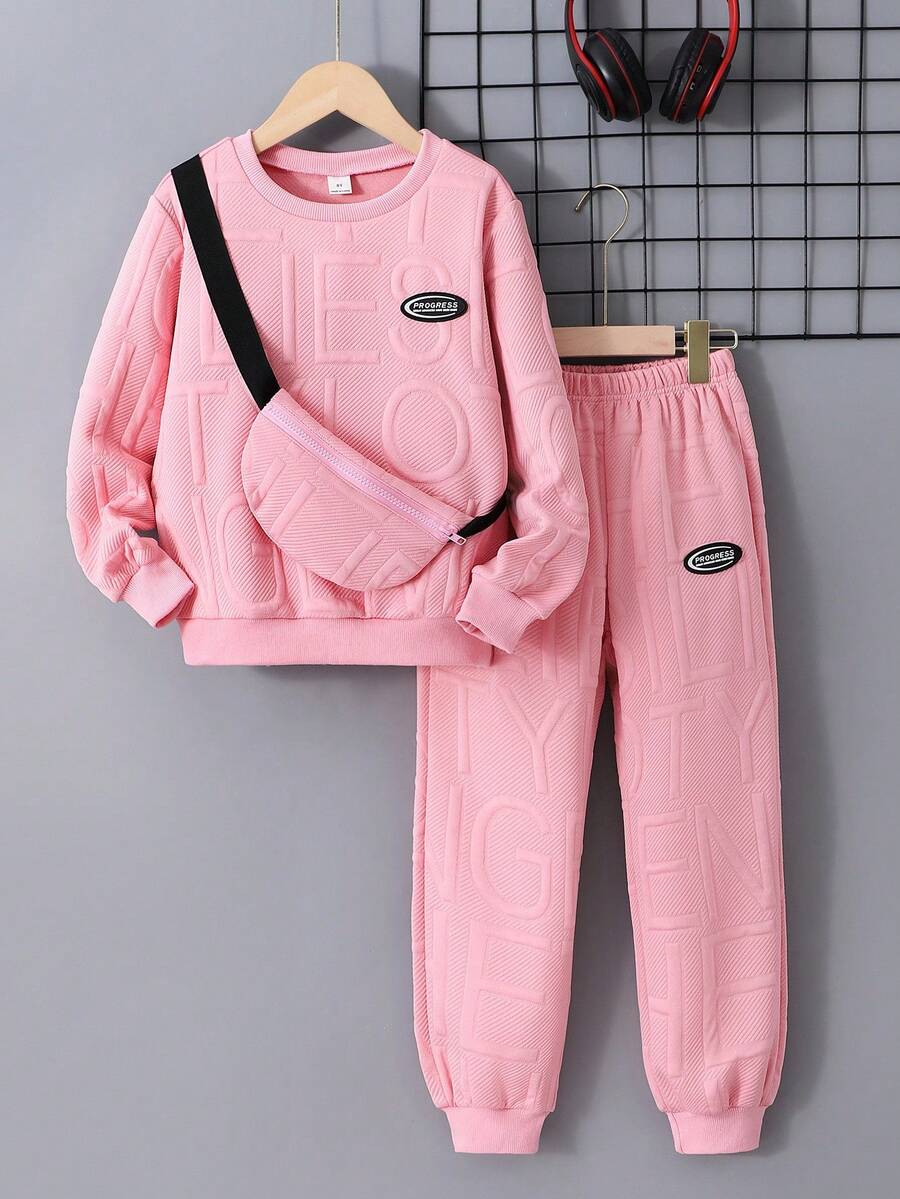 3 pièces/Set Sweat-shirt-shirt texturé avec lettrage, pantalon de survêtement et sac à dos pour pré-adolescents (peuvent être vendus séparément)