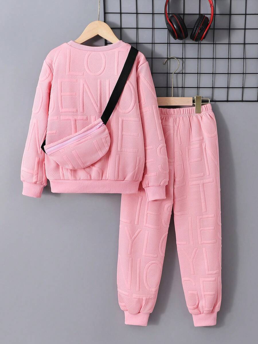 3 pièces/Set Sweat-shirt-shirt texturé avec lettrage, pantalon de survêtement et sac à dos pour pré-adolescents (peuvent être vendus séparément)