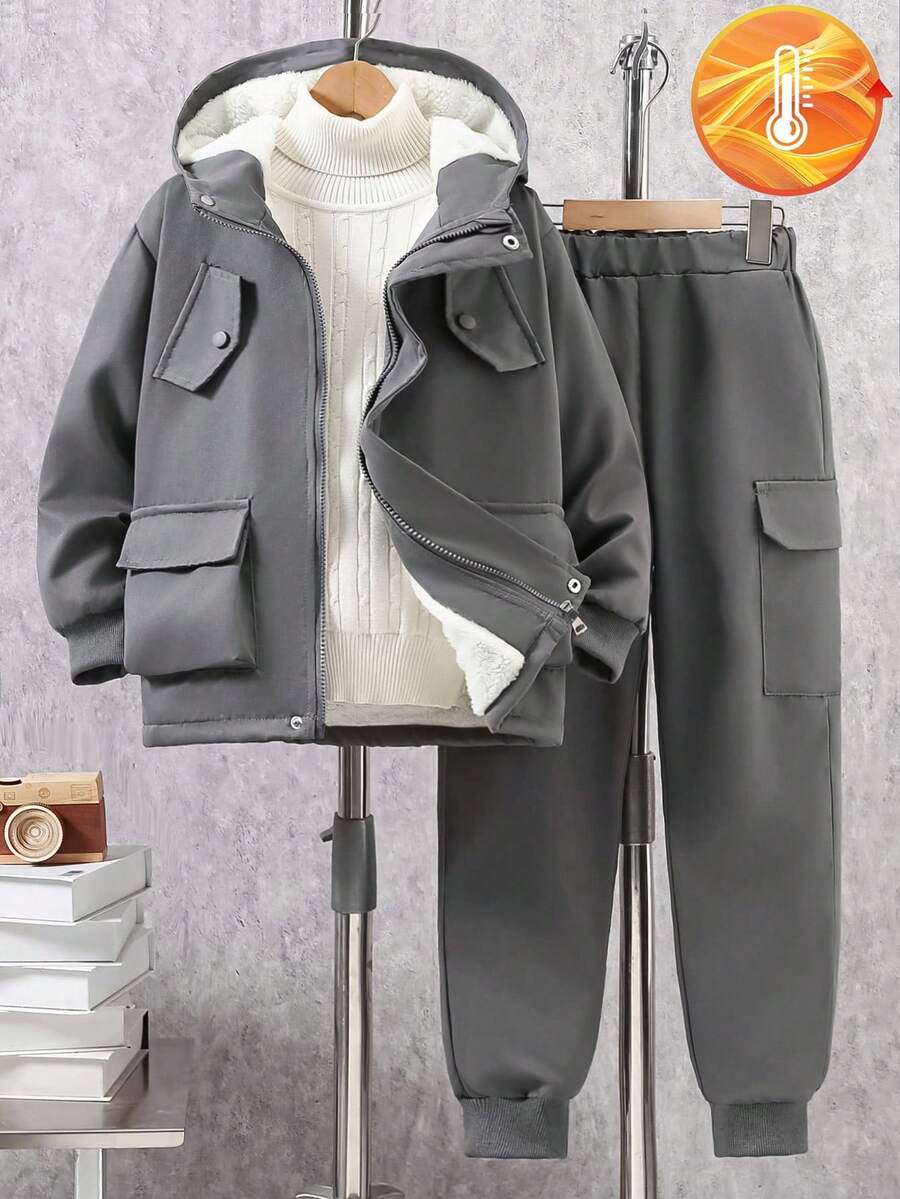 2 pièces Ensemble de veste à capuche doublée thermique et pantalon cargo décontracté pour pré-adolescents, Tenue d'hiver