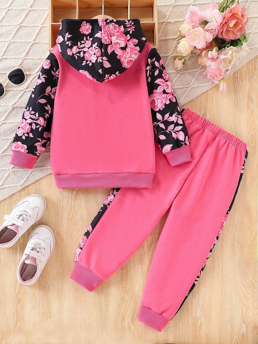 Ensemble de pantalons longs printemps-automne à la mode pour jeune fille, Sweat-shirt à capuche avec dentelle florale et tenue sportive décontractée