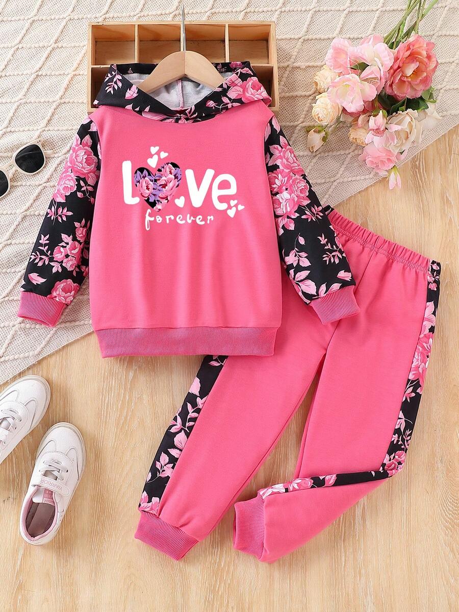 Ensemble de pantalons longs printemps-automne à la mode pour jeune fille, Sweat-shirt à capuche avec dentelle florale et tenue sportive décontractée