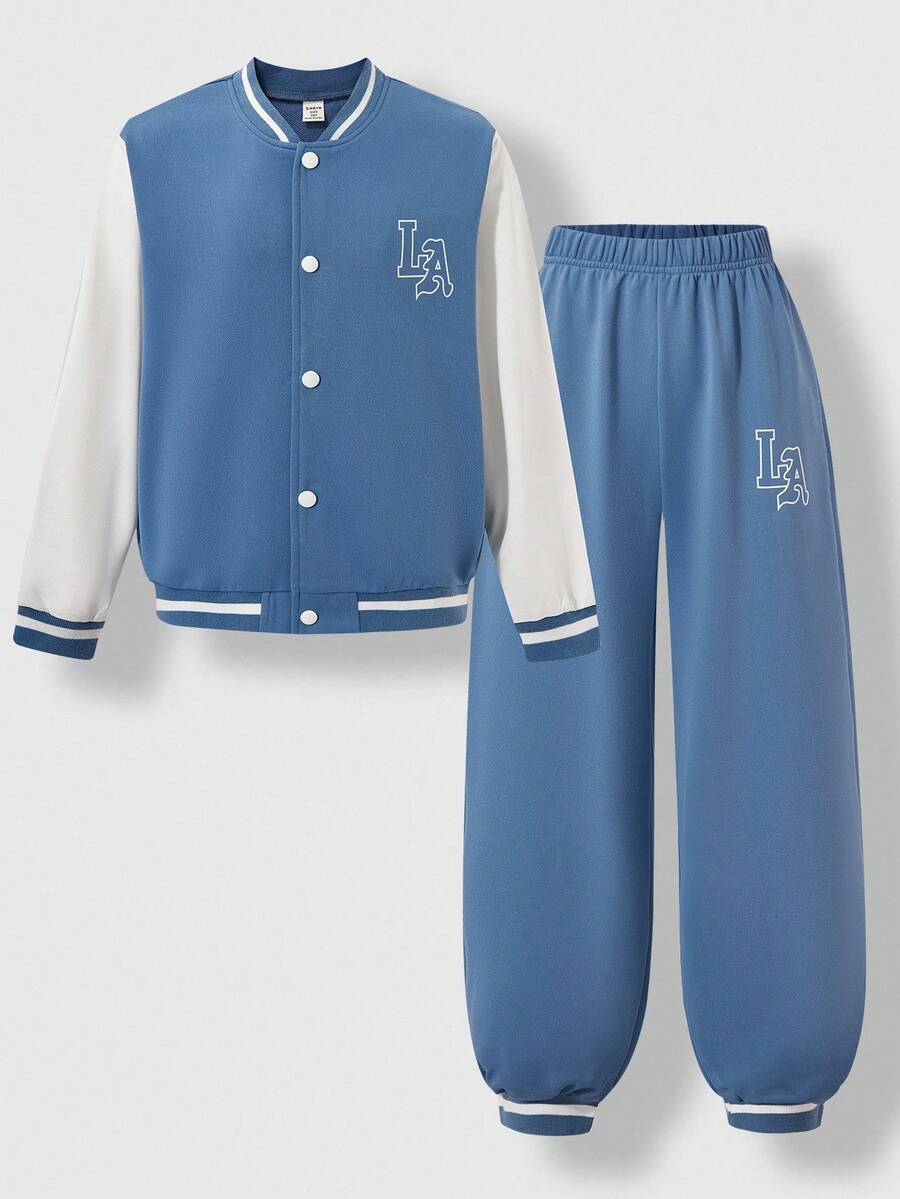 Veste Deux Pièces Pour Garçon Préadolescent Avec Patchs De Lettres Cool Pour L'automne / L'hiver
