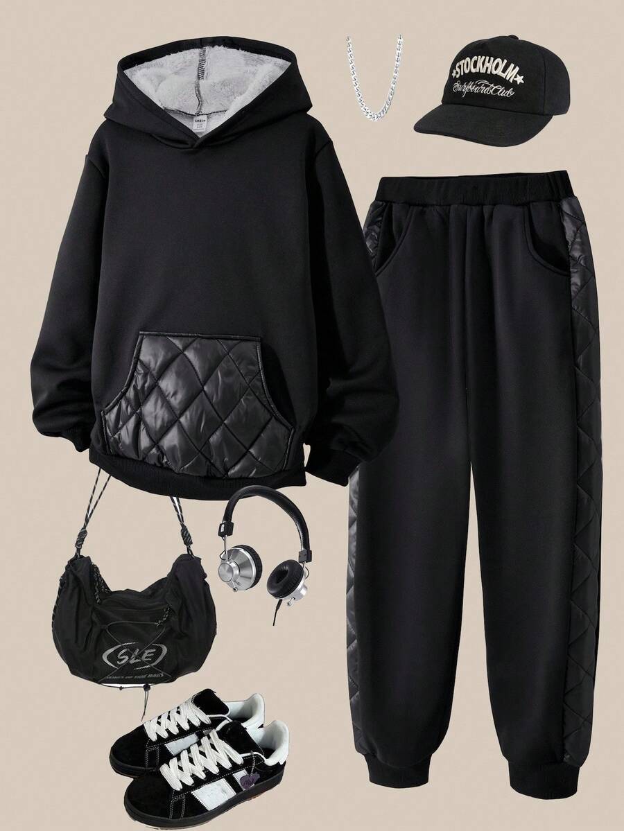 Adolescent Garçon Pantalon De Survêtement & Sweat-shirt À Capuche À Lettres À Poche Kangourou À Doublure Thermique