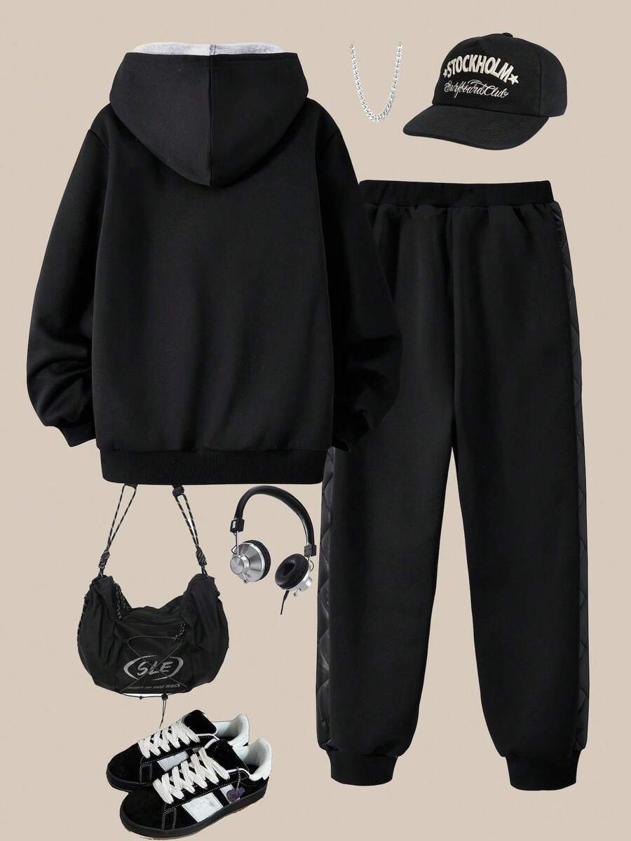 Adolescent Garçon Pantalon De Survêtement & Sweat-shirt À Capuche À Lettres À Poche Kangourou À Doublure Thermique