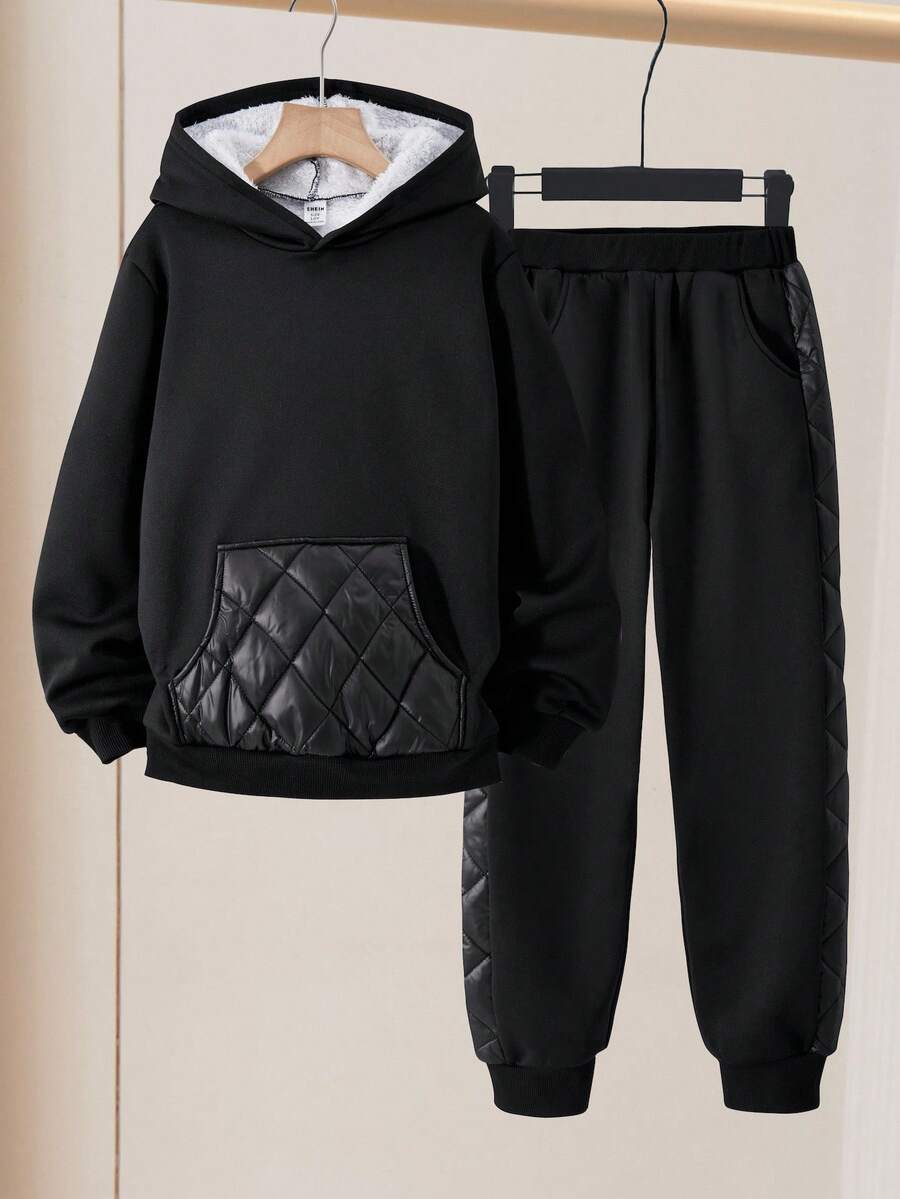 Adolescent Garçon Pantalon De Survêtement & Sweat-shirt À Capuche À Lettres À Poche Kangourou À Doublure Thermique