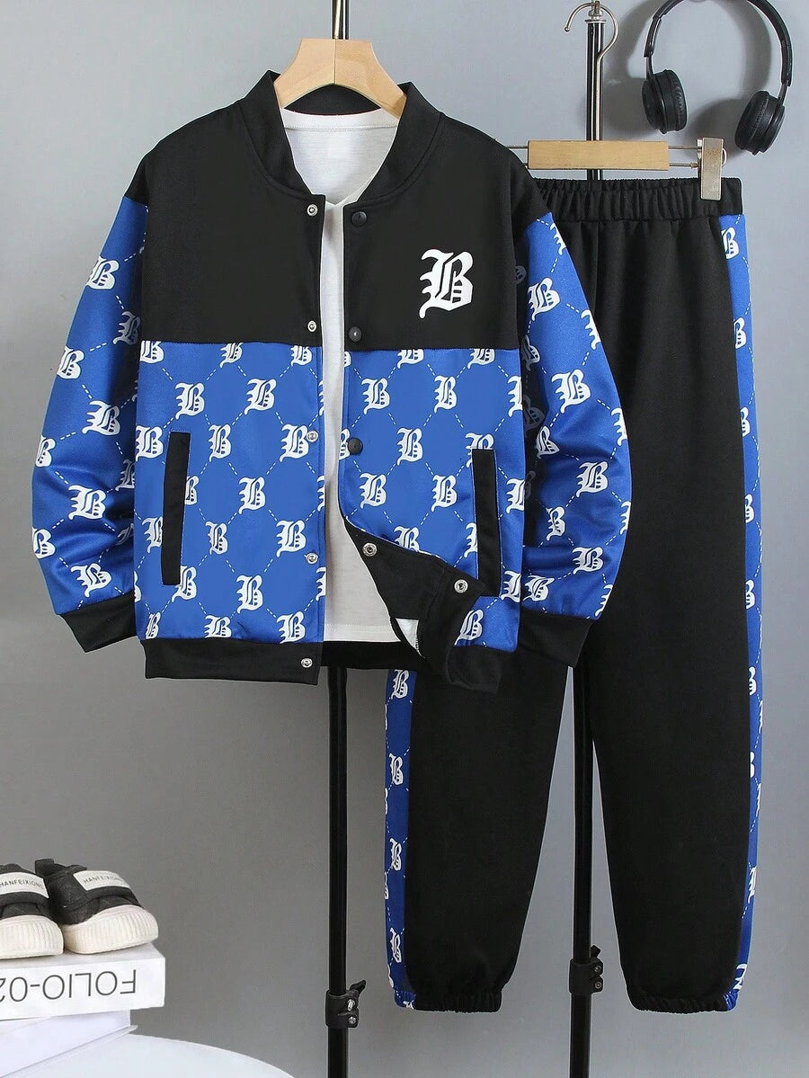 2 pièces/Set Veste à imprimé et pantalon long casual pour garçon préadolescent