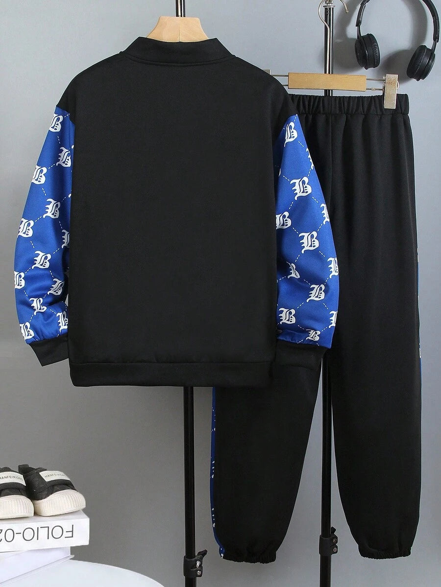 2 pièces/Set Veste à imprimé et pantalon long casual pour garçon préadolescent