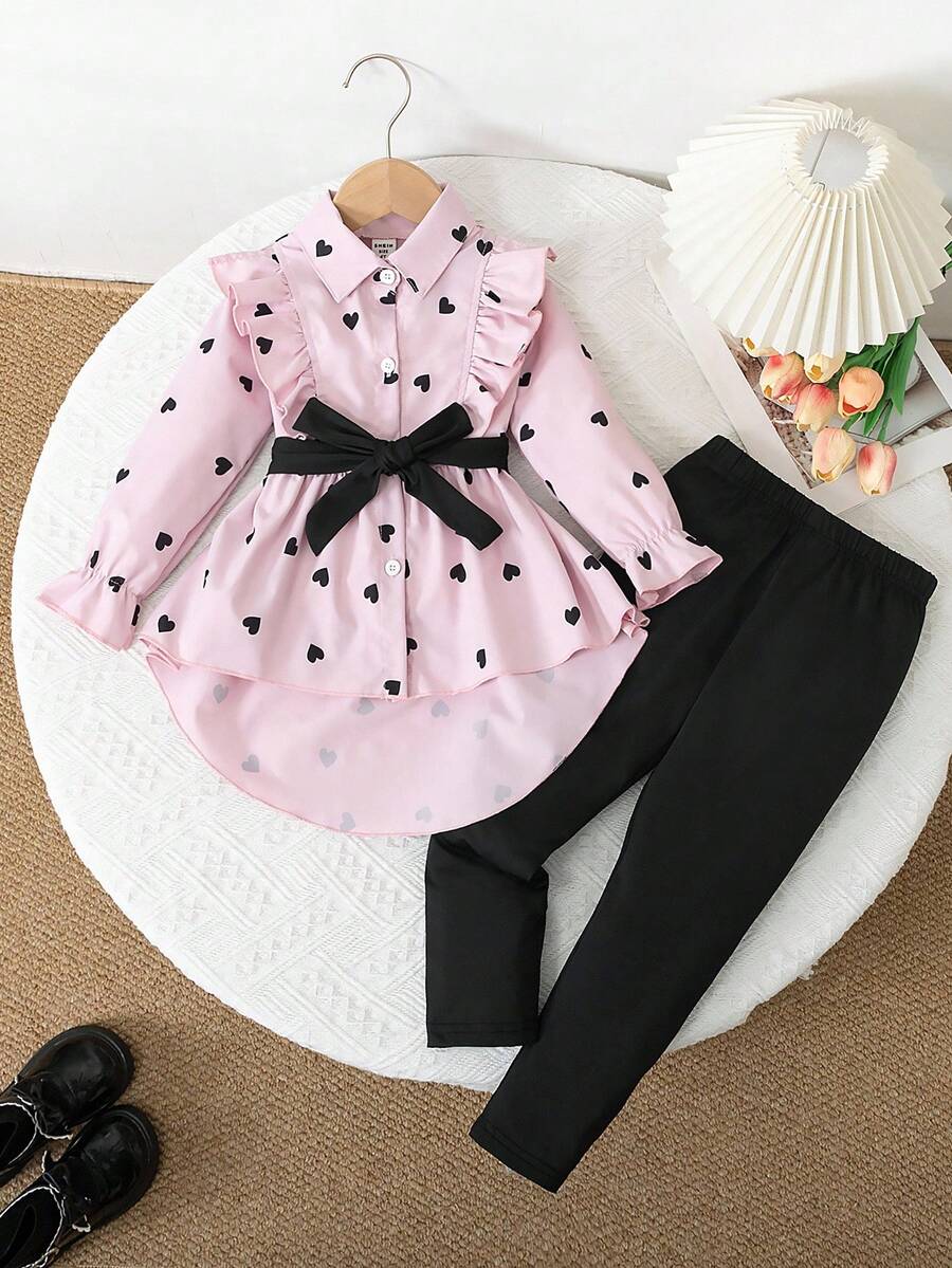 Ensemble de deux pièces pour jeune fille pour le printemps et l'automne, avec haut ceinturé et leggings, avec un sens de la conception et de la qualité