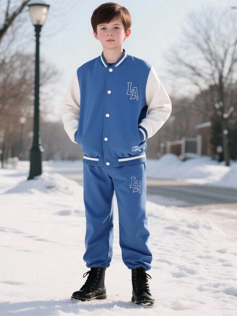 Veste Deux Pièces Pour Garçon Préadolescent Avec Patchs De Lettres Cool Pour L'automne / L'hiver
