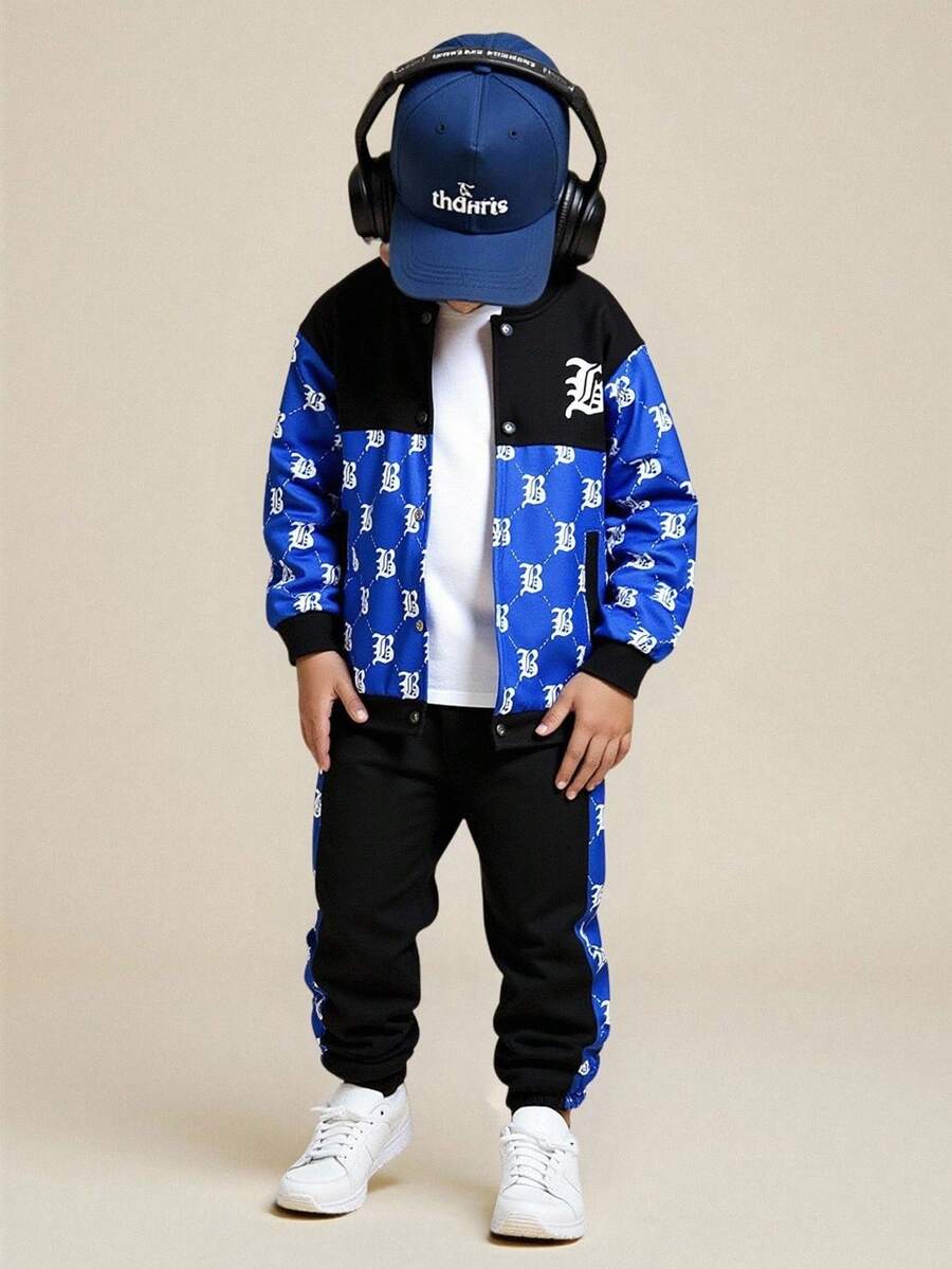 2 pièces/Set Veste à imprimé et pantalon long casual pour garçon préadolescent