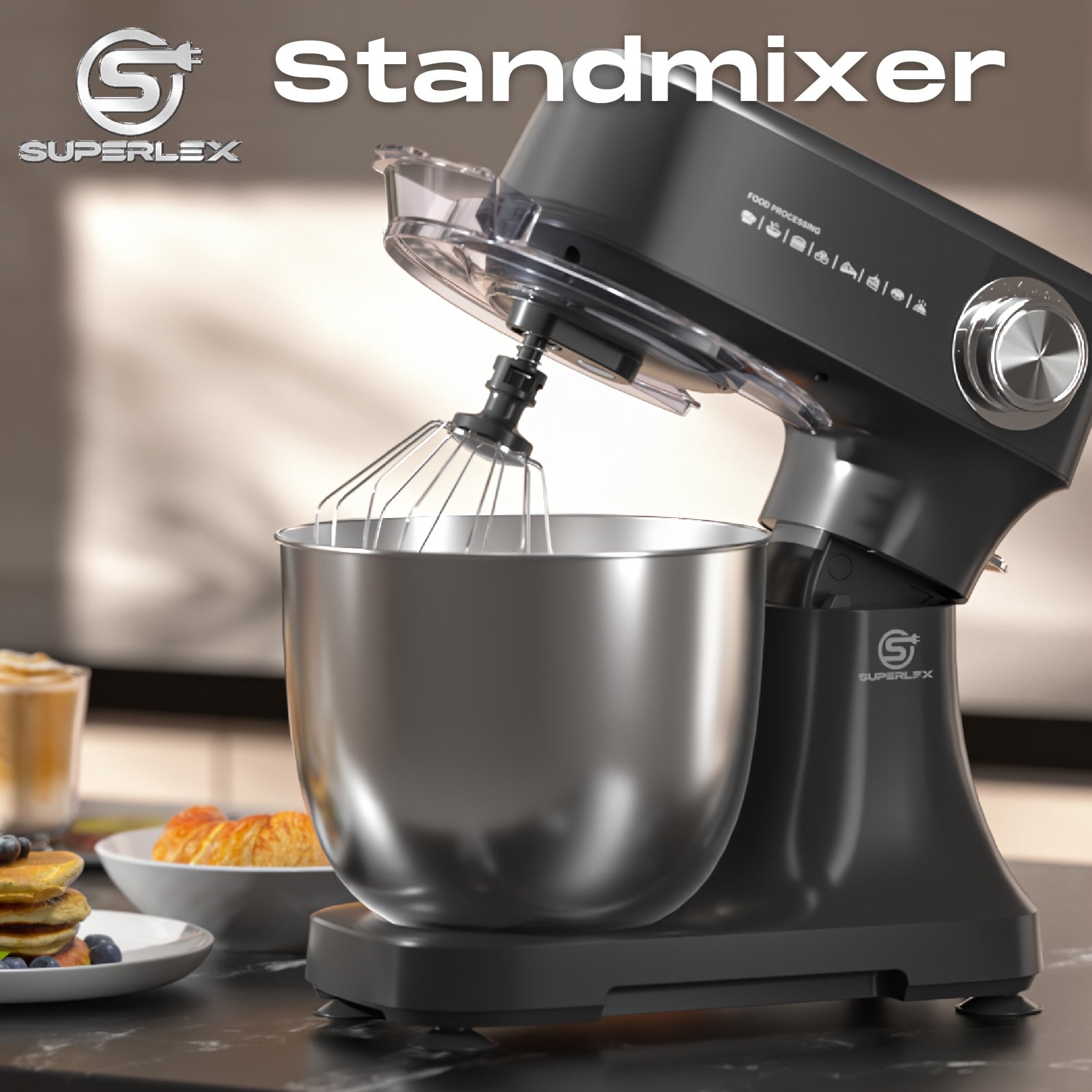 Superlex Robot de Cuisine 800 W avec Bol en Acier Inoxydable de 4,5 L - Machine à Pétrir Professionnelle à 10 Vitesses, Crochet à Pâte, Fouet et Raclette - Mixeur sur Pied pour Pain, Gâteaux et Plus