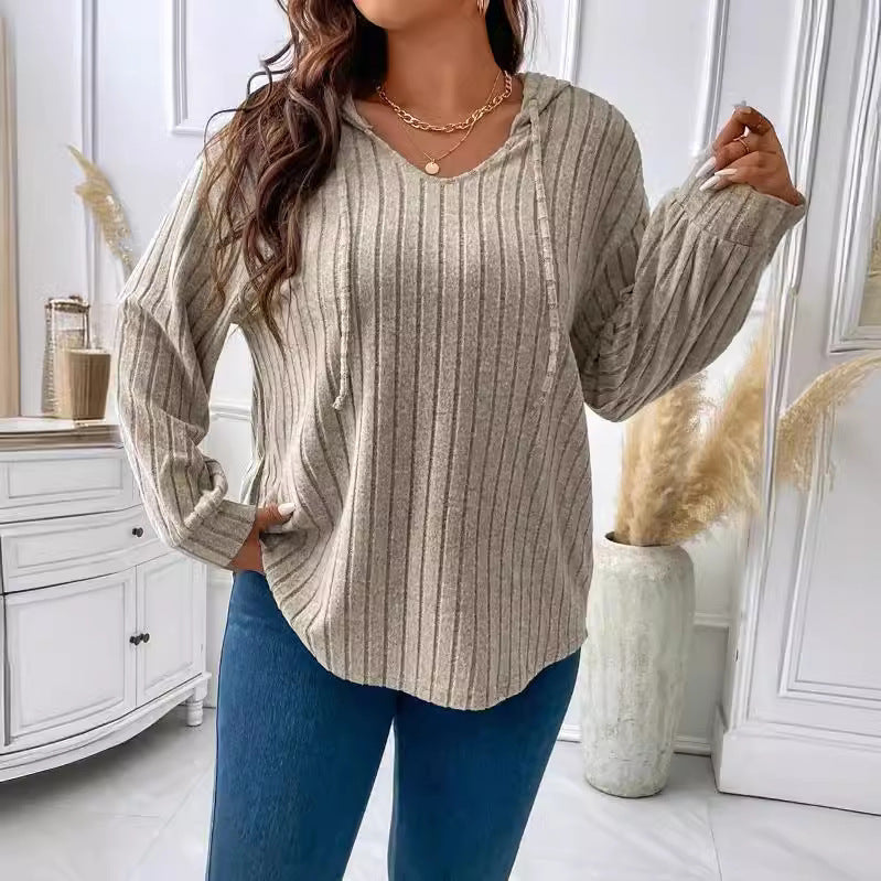 Women's V-neck Hooded Long-sleeved Sunken Stripe Brushed Top