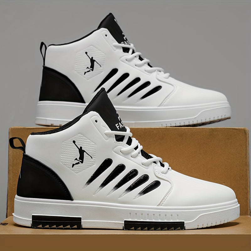 Baskets de basket-ball mi-haut pour hommes - Haut en faux cuir synthétique confortable, semelle en PVC rembourée épaisse, conception à lacets pour la course en plein air, le skateboard et les vêtements décontractés - Blanc avec accents noirs, chaussures d