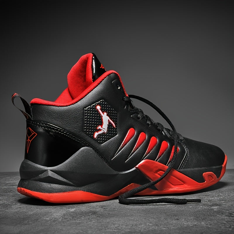 Chaussures de basketball haut-top pour hommes, légères et breathables, semelle en caoutchouc anti-dérapage, design géométrique pour course, entraînement et ussage casual, couleurs noir/rouge pour printemps/été, idéal cadeau pour lui, équipement de basketb