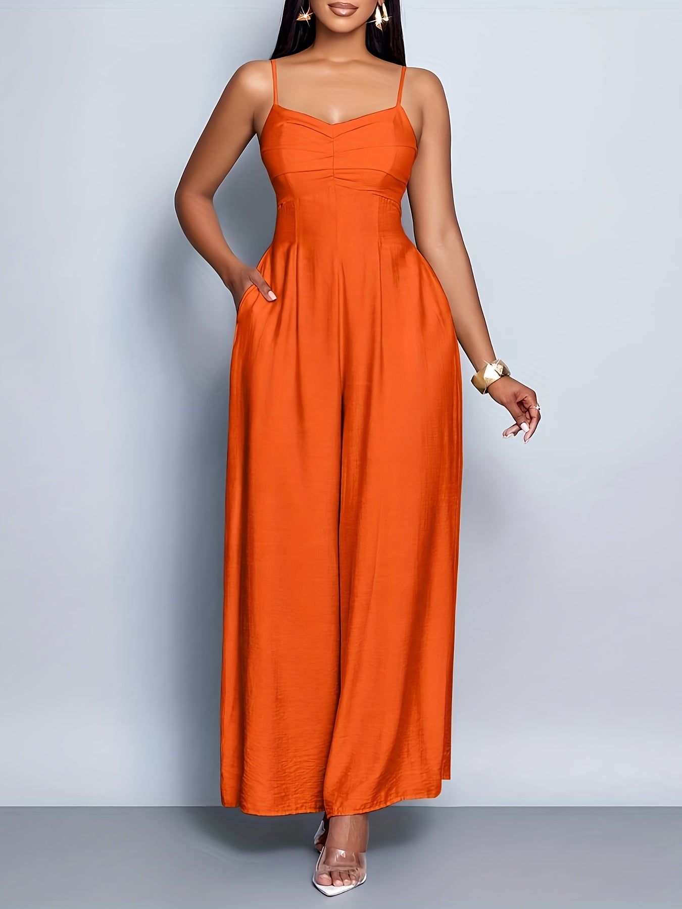 Combinaison Cami Femme Élégante Drapée Col Avant Dos Nu Jambes Larges - Silhouette H-Line Sans Manches avec Poches, Combinaison Longue Couleur Unie pour Printemps/Automne, Tenue Décontractée & de Vacances, Vêtements de Printemps Automne, Style Sophistiqué