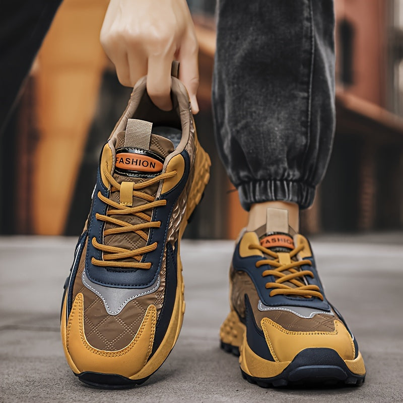 Sneakers de sport d'hiver pour hommes 2024, chaussures de neige mi-hautes, motif géométrique décontracté, course à pied en plein air, randonnée, lacets antidérapants, semelle épaisse, dessus en PU, intérieur en tissu, semelle en PVC, semelle intérieure en