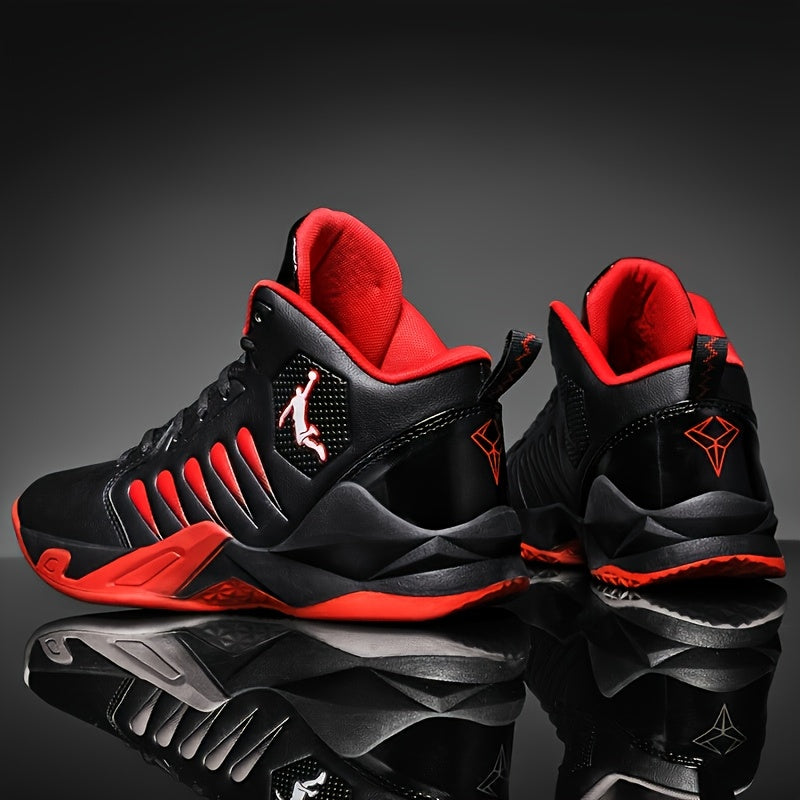Chaussures de basketball haut-top pour hommes, légères et breathables, semelle en caoutchouc anti-dérapage, design géométrique pour course, entraînement et ussage casual, couleurs noir/rouge pour printemps/été, idéal cadeau pour lui, équipement de basketb