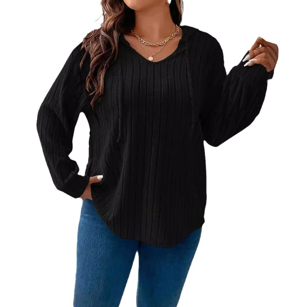 Women's V-neck Hooded Long-sleeved Sunken Stripe Brushed Top