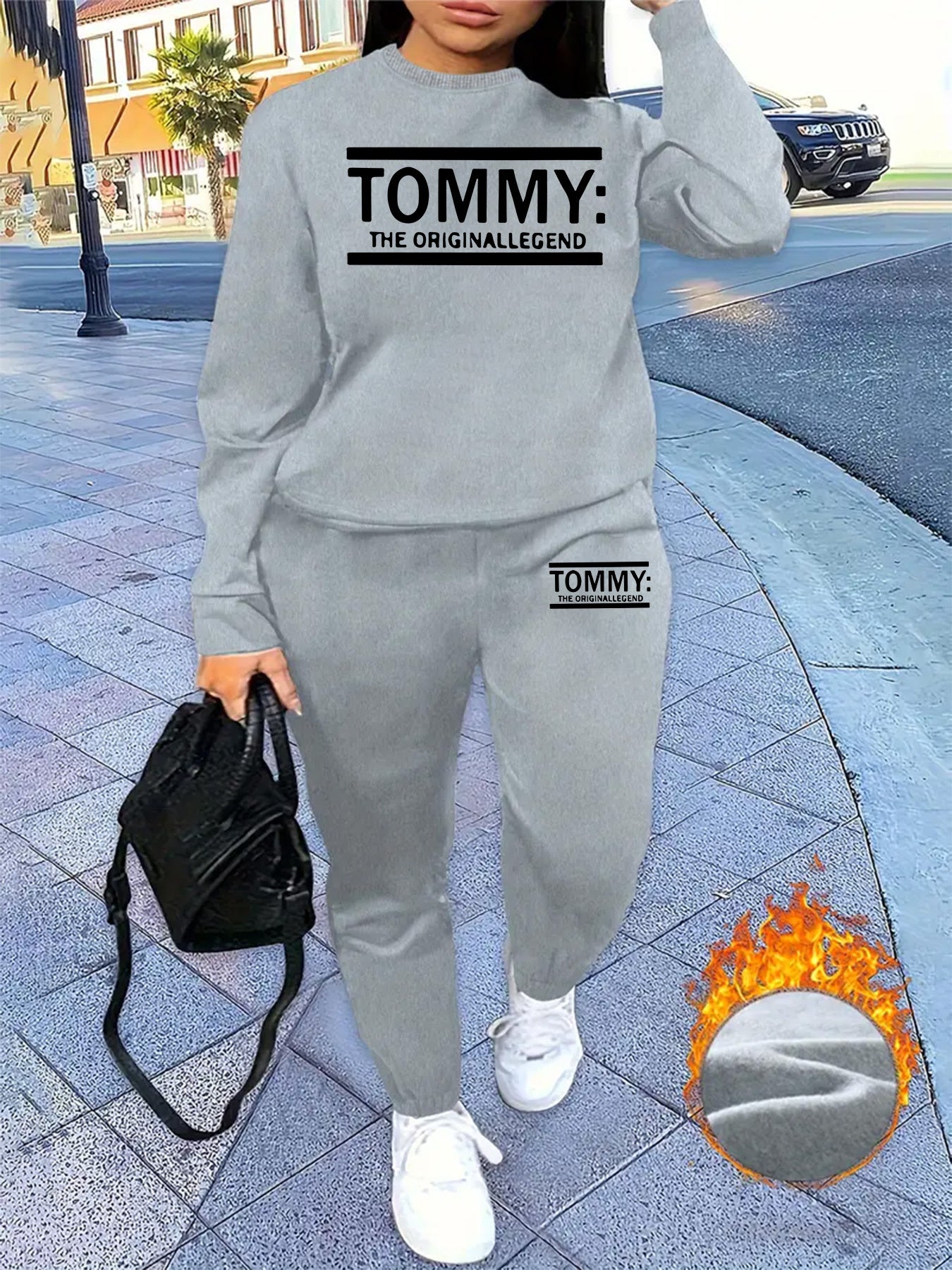 Ensemble décontracté deux pièces pour femmes avec imprimé "Tommy" - Sweat-shirt à manches longues et col rond, jogging, rose, confort toutes saisons, coupe standard, 16-50 ans, vêtements décontractés | Imprimé joyeux | Coupe confortable, ensemble de pulls