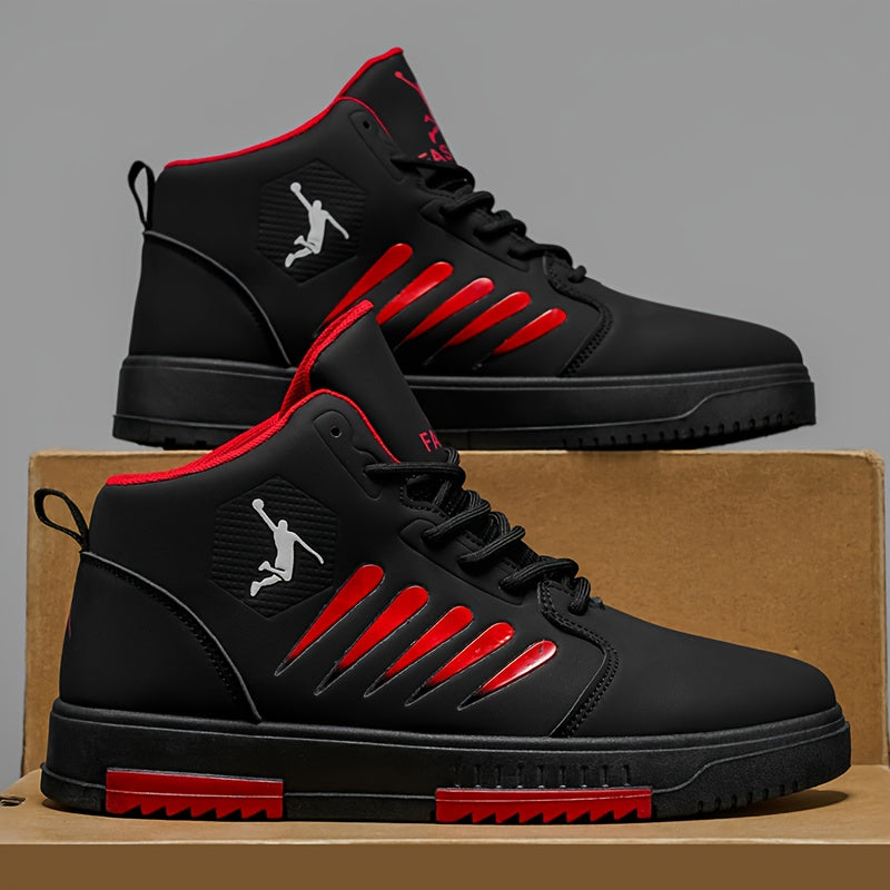 Baskets de basket-ball mi-haut pour hommes - Haut en faux cuir synthétique confortable, semelle en PVC rembourée épaisse, conception à lacets pour la course en plein air, le skateboard et les vêtements décontractés - Blanc avec accents noirs, chaussures d