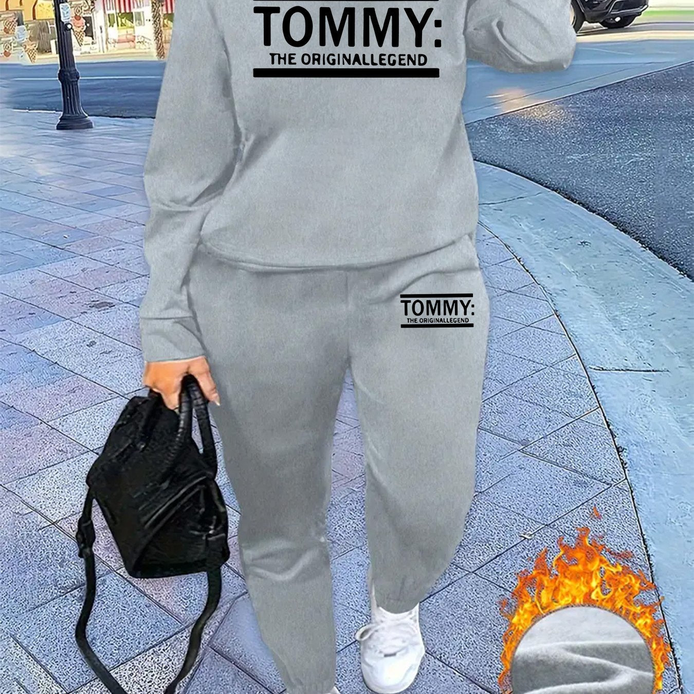Ensemble décontracté deux pièces pour femmes avec imprimé "Tommy" - Sweat-shirt à manches longues et col rond, jogging, rose, confort toutes saisons, coupe standard, 16-50 ans, vêtements décontractés | Imprimé joyeux | Coupe confortable, ensemble de pulls