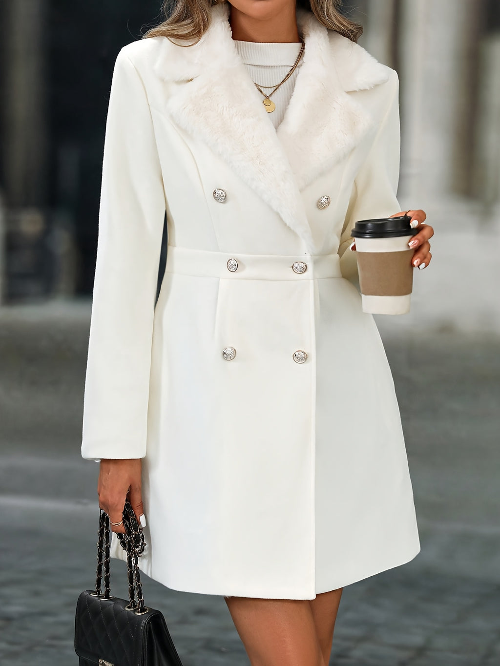 Veste élégante noire pour femmes - Manteau d'hiver formel et décontracté, lavable en machine, idéal pour le bureau ou les soirées, avec boutons décoratifs et bordure en fausse fourrure