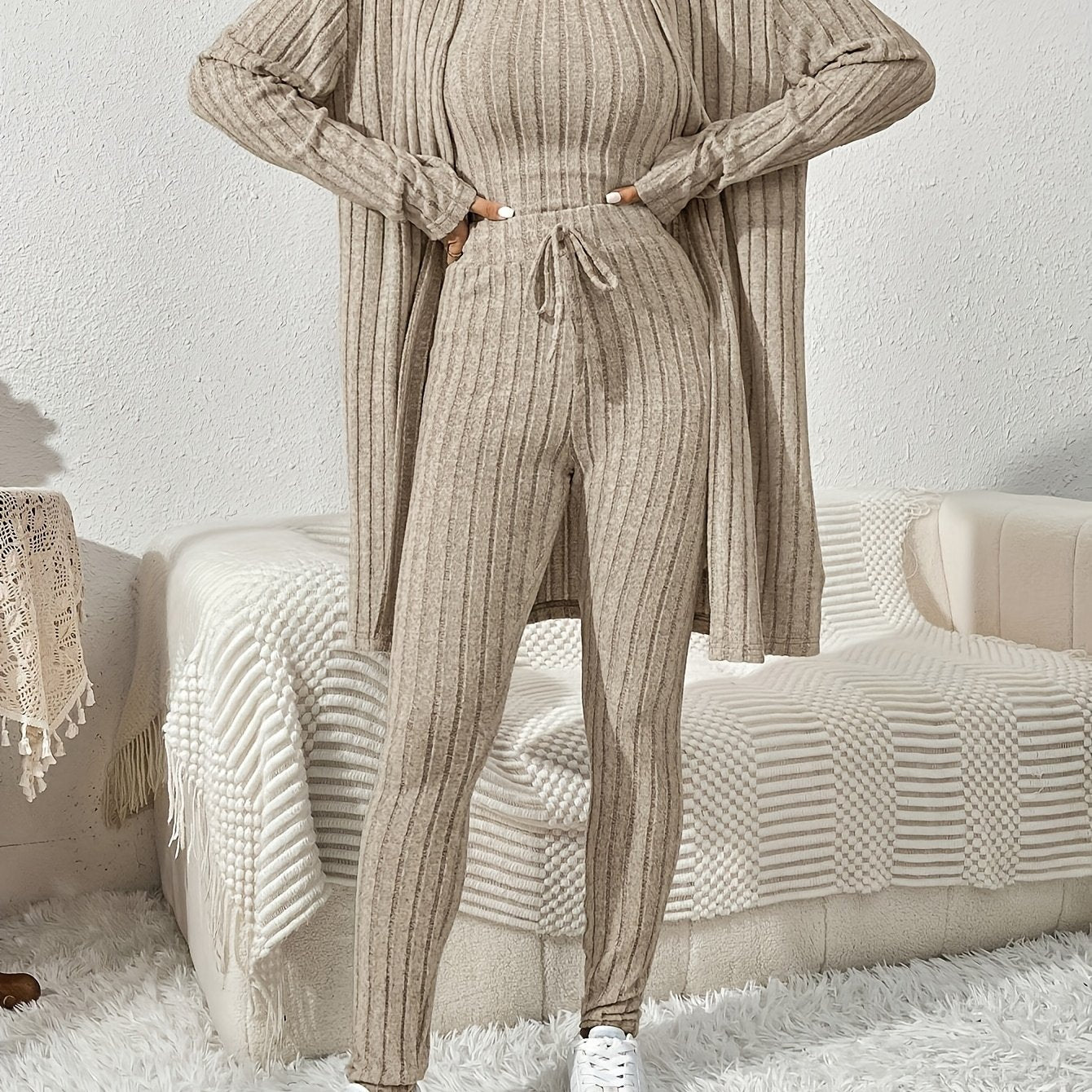 Ensemble Cardigan Uni et Pantalon Slim pour Femme, Tenue Décontractée Élégante et Simple