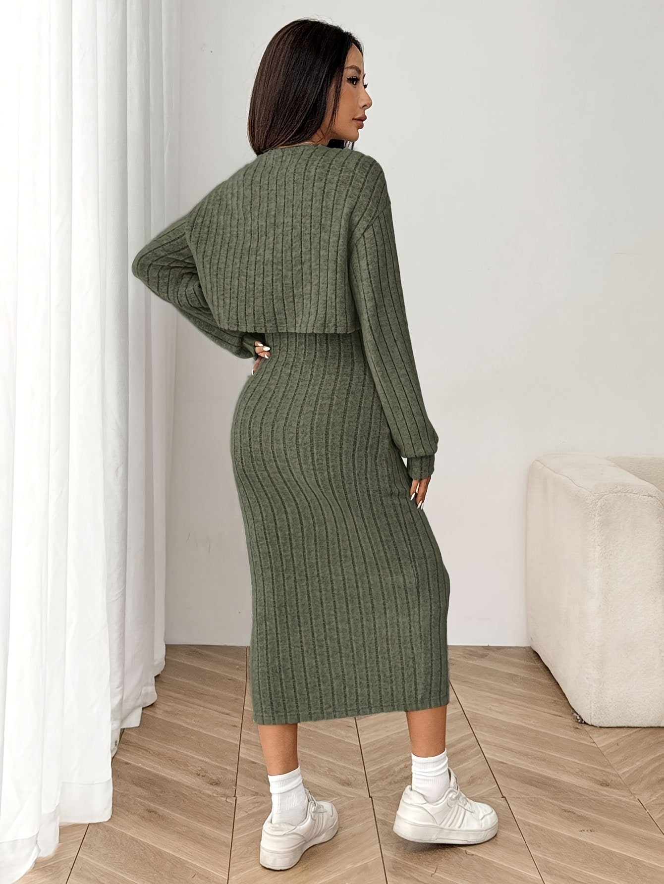 Ensemble élégant de haut et de veste à manches longues pour femmes - Robe côtelée beige avec détails boutonnés, chemisier à manches longues et veste assortie pour l'automne/hiver, tenue décontractée | Haut élégant à manches longues | Construction, robe à