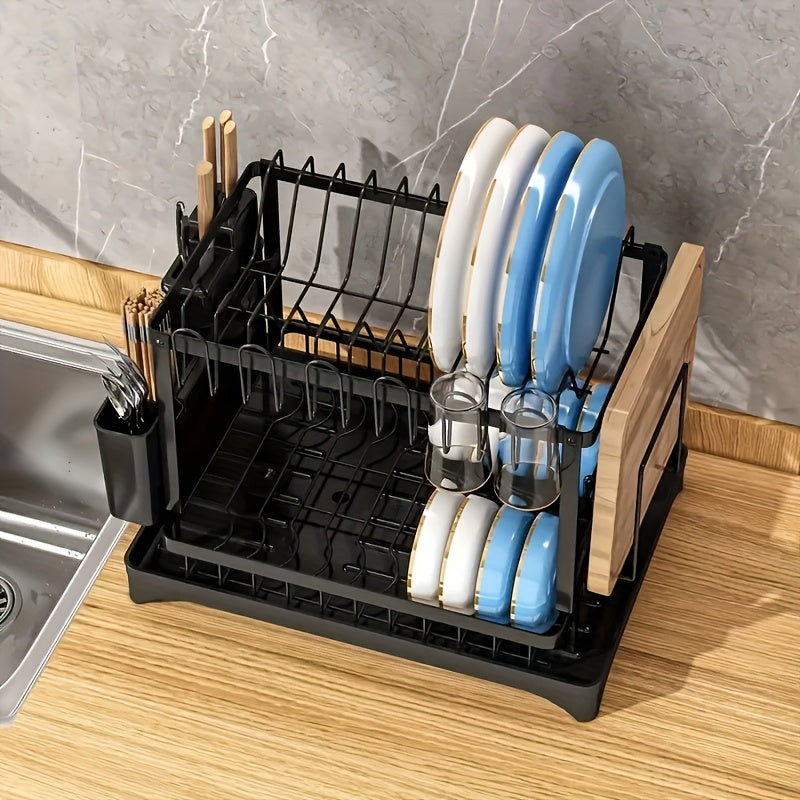Égouttoir de cuisine en acier carbone à double couche grande capacité - Support épaissi - Porte-ustensiles en métal pour vaisselle - Adapté aux assiettes, bols, tasses, planches à découper - Utilisation domestique et pour cabine