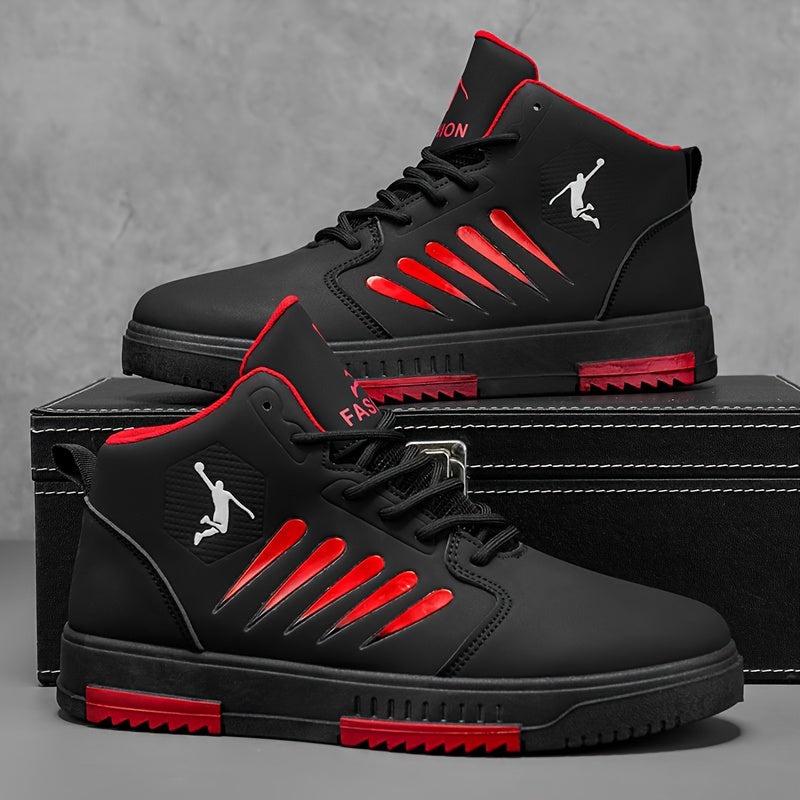 Baskets de basket-ball mi-haut pour hommes - Haut en faux cuir synthétique confortable, semelle en PVC rembourée épaisse, conception à lacets pour la course en plein air, le skateboard et les vêtements décontractés - Blanc avec accents noirs, chaussures d