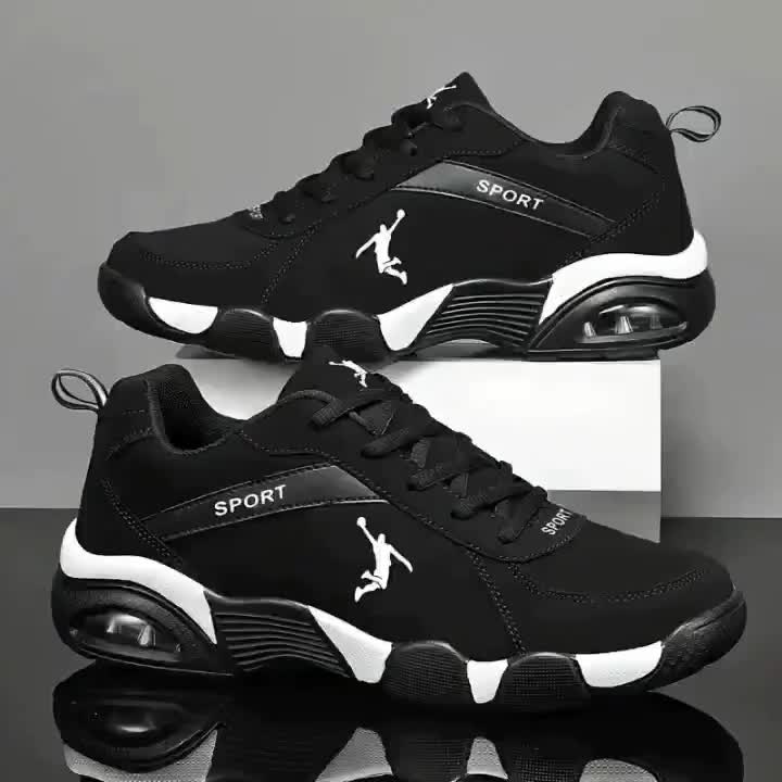 Chaussures de sport homme à coussin d'air - Tissu respirant mesh et PU, design géométrique, fermeture à lacets, couleur noire/blanche, confortables pour course en extérieur, marche et tenue décontractée | Look athlétique | Chaussures ajustées et confortab