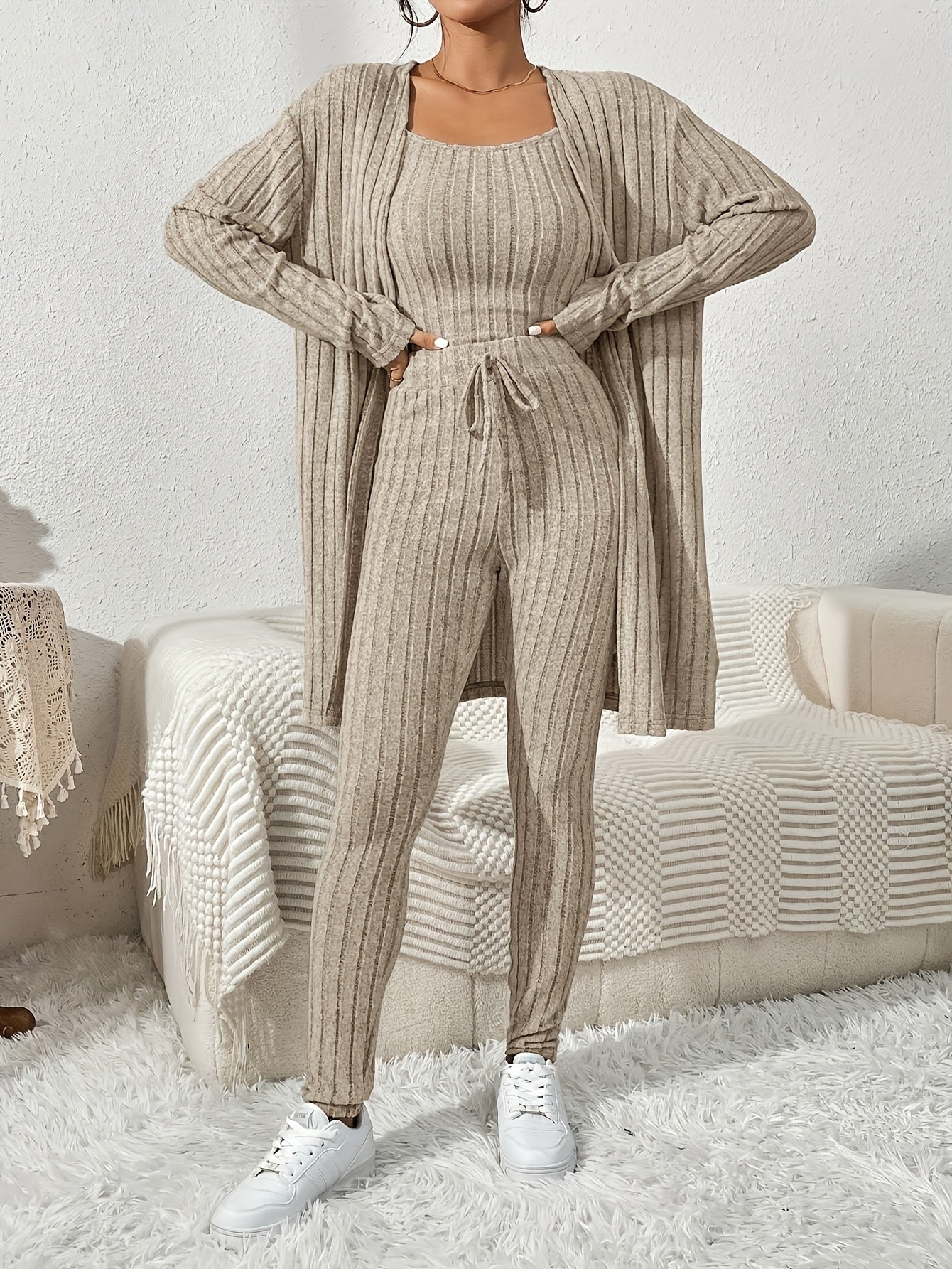 Ensemble Cardigan Uni et Pantalon Slim pour Femme, Tenue Décontractée Élégante et Simple