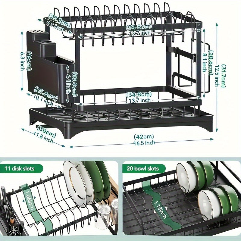 Égouttoir de cuisine en acier carbone à double couche grande capacité - Support épaissi - Porte-ustensiles en métal pour vaisselle - Adapté aux assiettes, bols, tasses, planches à découper - Utilisation domestique et pour cabine