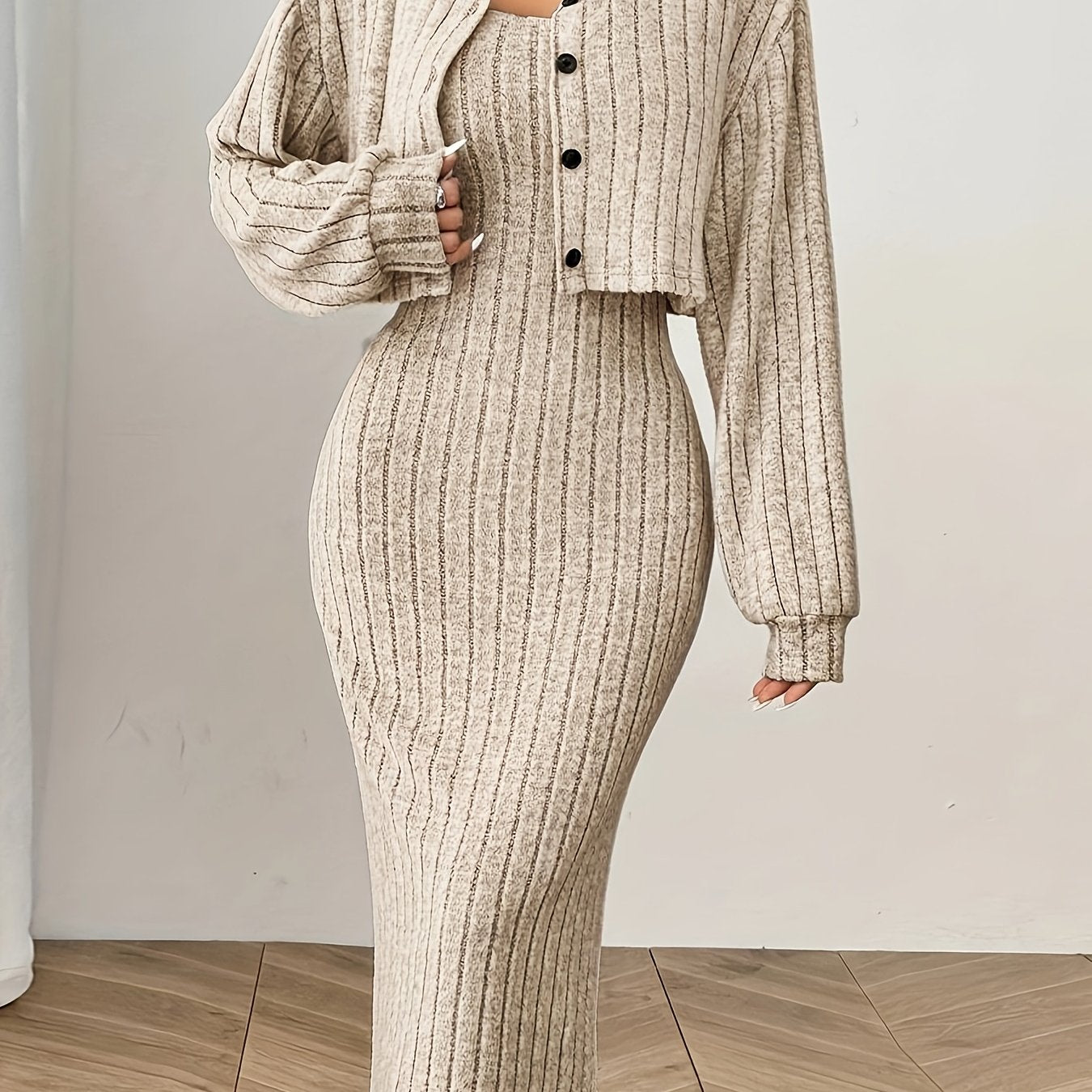 Ensemble élégant de haut et de veste à manches longues pour femmes - Robe côtelée beige avec détails boutonnés, chemisier à manches longues et veste assortie pour l'automne/hiver, tenue décontractée | Haut élégant à manches longues | Construction, robe à