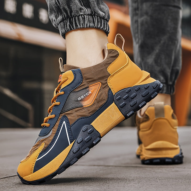 Sneakers de sport d'hiver pour hommes 2024, chaussures de neige mi-hautes, motif géométrique décontracté, course à pied en plein air, randonnée, lacets antidérapants, semelle épaisse, dessus en PU, intérieur en tissu, semelle en PVC, semelle intérieure en