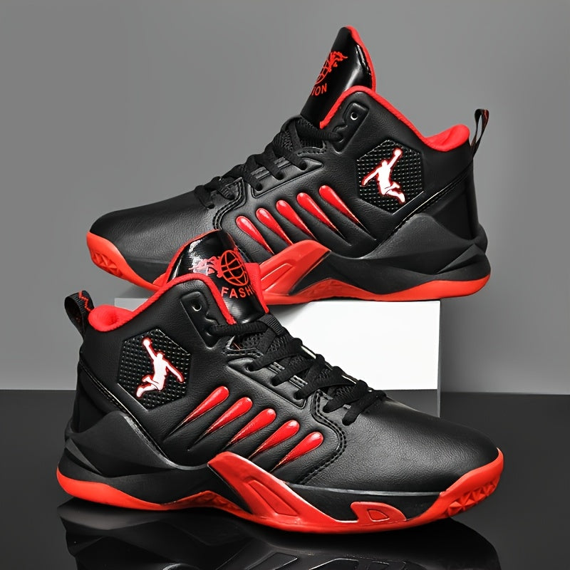 Chaussures de basketball haut-top pour hommes, légères et breathables, semelle en caoutchouc anti-dérapage, design géométrique pour course, entraînement et ussage casual, couleurs noir/rouge pour printemps/été, idéal cadeau pour lui, équipement de basketb