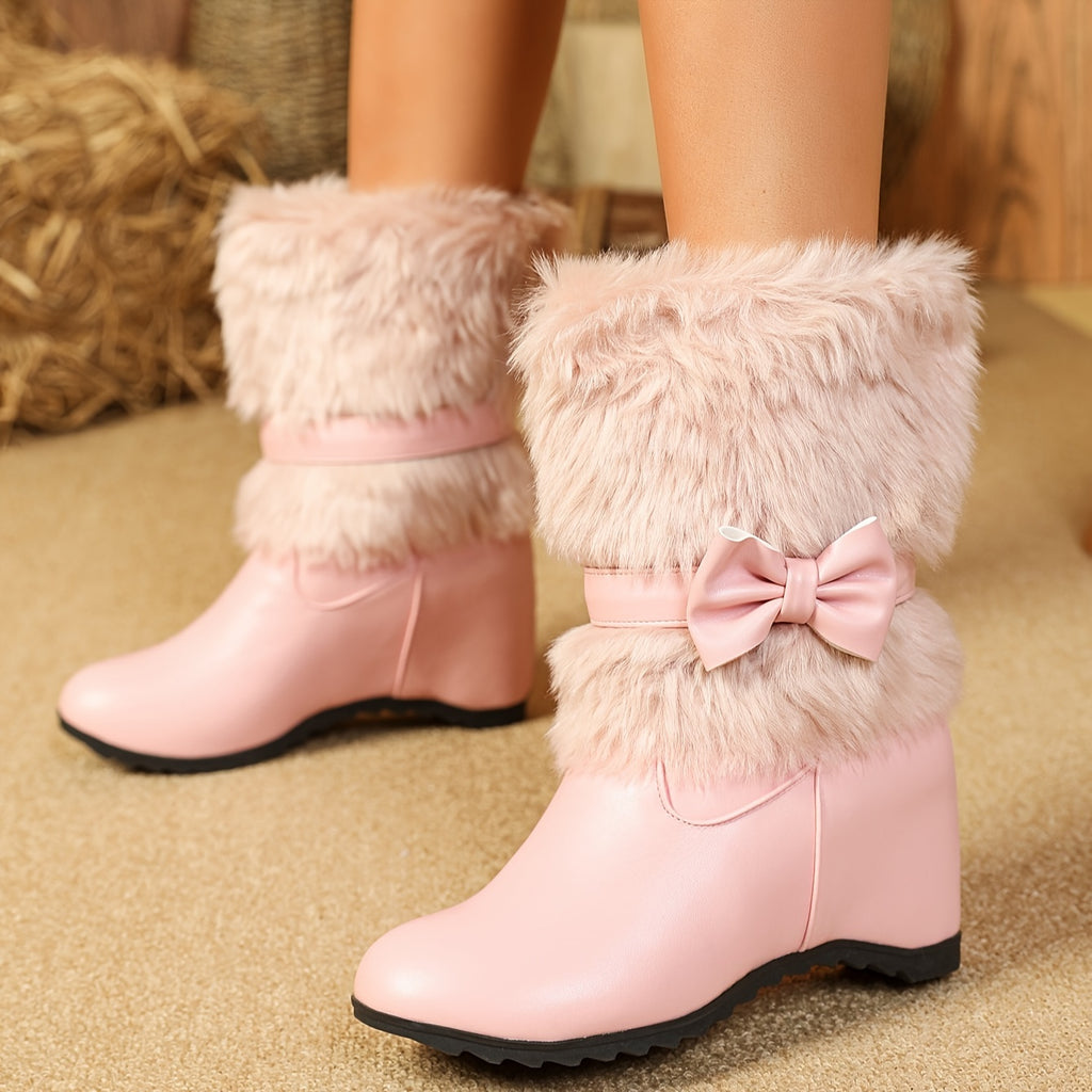 Chaussures d'hiver doublées pour femmes - bottes mi-mollet confortables à enfiler avec semelle épaisse, bout rond et détail nœud en blanc, noir et rose - idéales pour le froid