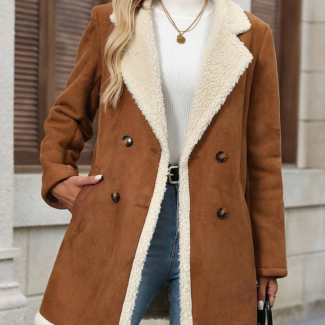 Manteau Long Élégant Double Boutonnage pour Femme - Chaleur Hivernale, Contraste Marron & Blanc, Devant Boutonné, Poches à Rabat, Style Décontracté, Vêtement Toutes Saisons, Vêtement d'Hiver Décontracté | Design Couleur Contrastée | Manteau Boutonné