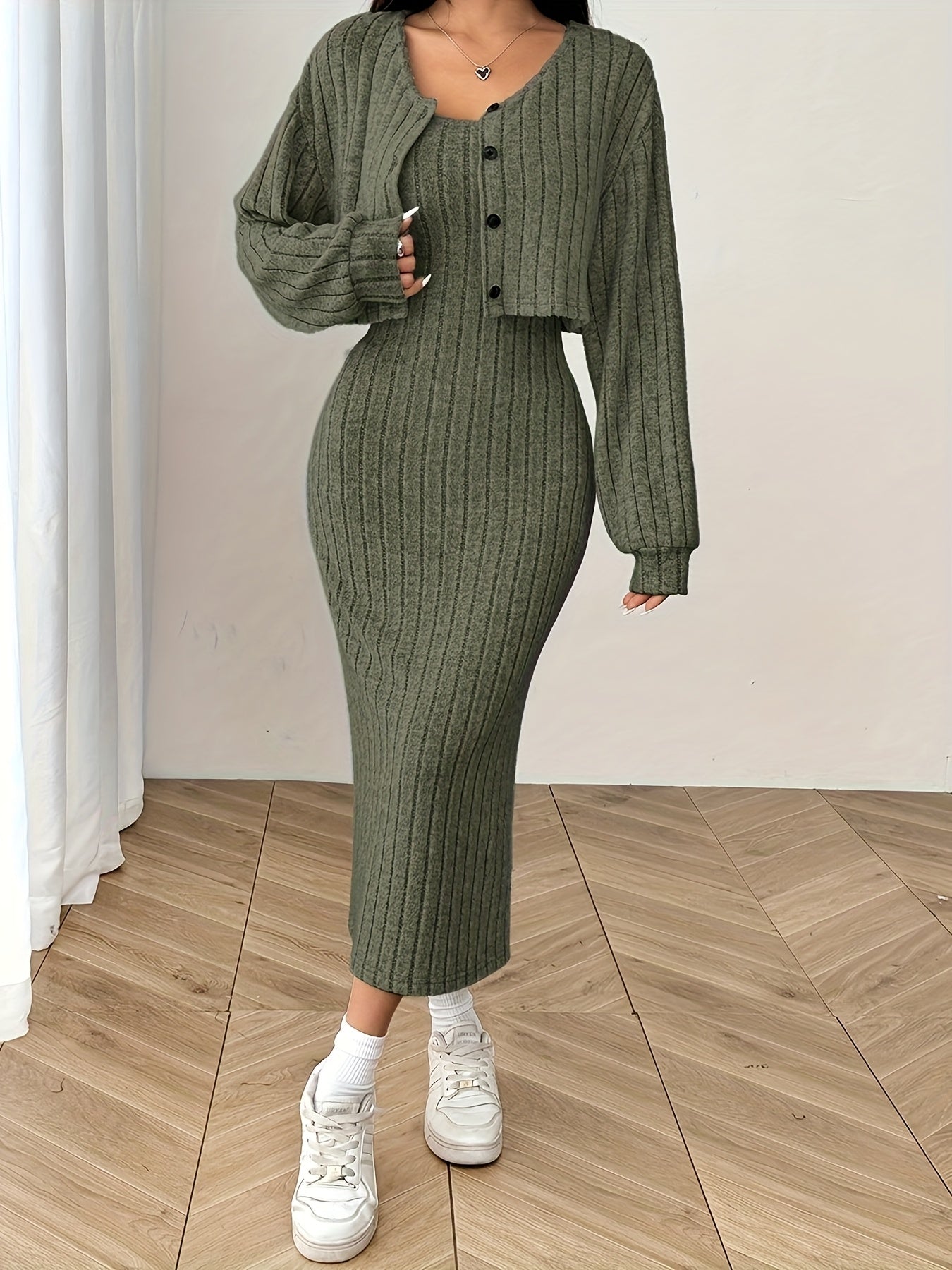 Ensemble élégant de haut et de veste à manches longues pour femmes - Robe côtelée beige avec détails boutonnés, chemisier à manches longues et veste assortie pour l'automne/hiver, tenue décontractée | Haut élégant à manches longues | Construction, robe à