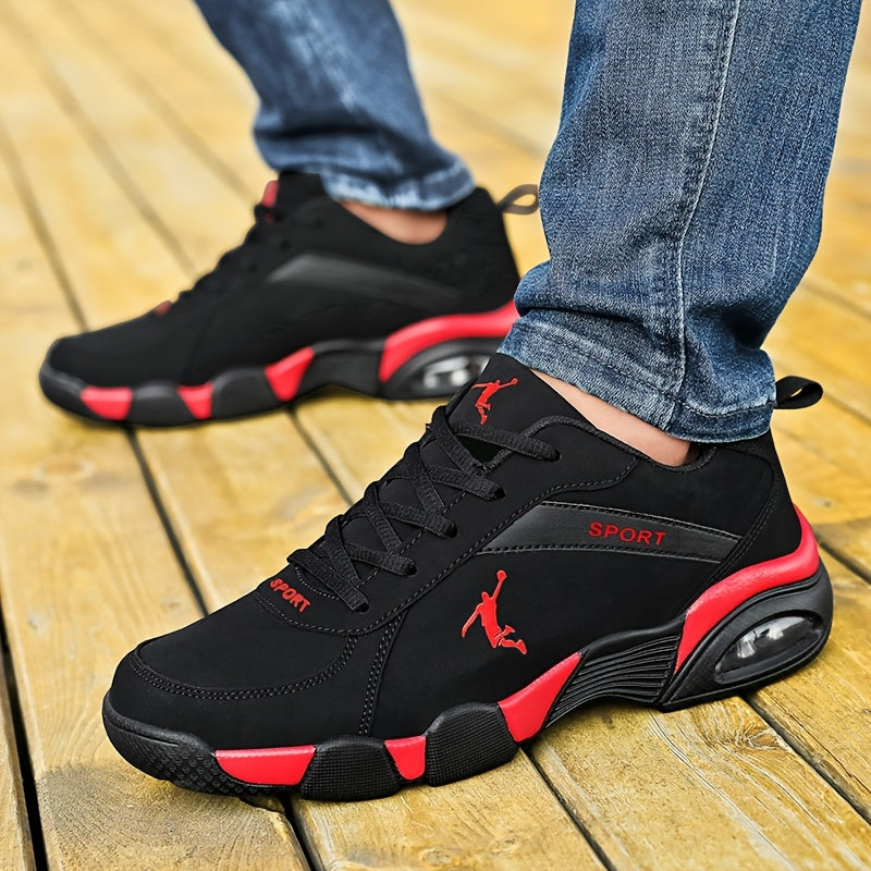 Chaussures de sport homme à coussin d'air - Tissu respirant mesh et PU, design géométrique, fermeture à lacets, couleur noire/blanche, confortables pour course en extérieur, marche et tenue décontractée | Look athlétique | Chaussures ajustées et confortab