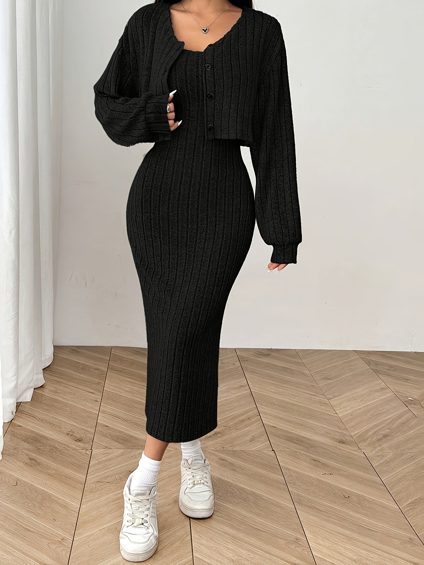 Ensemble élégant de haut et de veste à manches longues pour femmes - Robe côtelée beige avec détails boutonnés, chemisier à manches longues et veste assortie pour l'automne/hiver, tenue décontractée | Haut élégant à manches longues | Construction, robe à