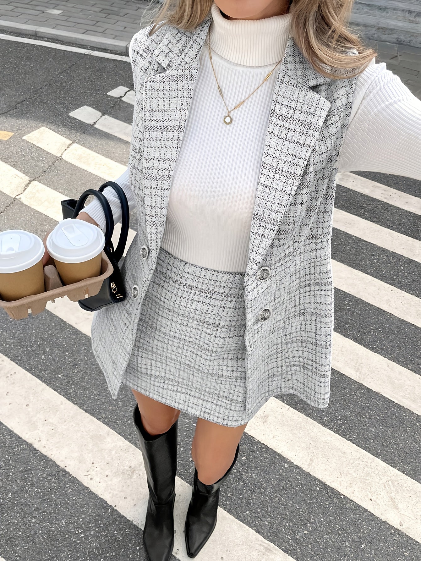Ensemble Femme Automne-Hiver Nouvelle Mode Élégant Gilet à Col en Plaid Double Boutonnage et Jupe A-Ligne, Tenue Quotidienne Simple Rétro pour Travail ou Vacances, Style Retro, En tenue de Bureau, Design Classique, Tissu Moyennement Extensible Lavable Mac