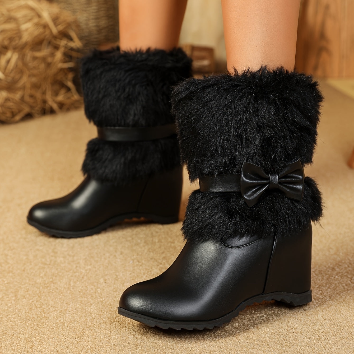 Chaussures d'hiver doublées pour femmes - bottes mi-mollet confortables à enfiler avec semelle épaisse, bout rond et détail nœud en blanc, noir et rose - idéales pour le froid